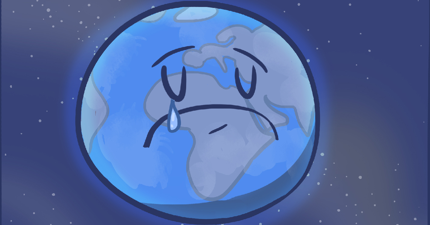 A cartoon of a sad globe with a teardrop.