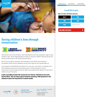 Screen capture of UNICEF donation page.