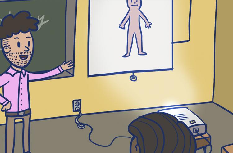 A cartoon of a teacher at the front of a classroom with the human body being projected onto a screen.