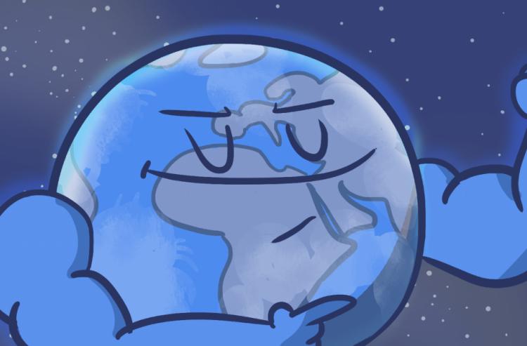 A cartoon of a globe flexing and pointing to its arm muscles.