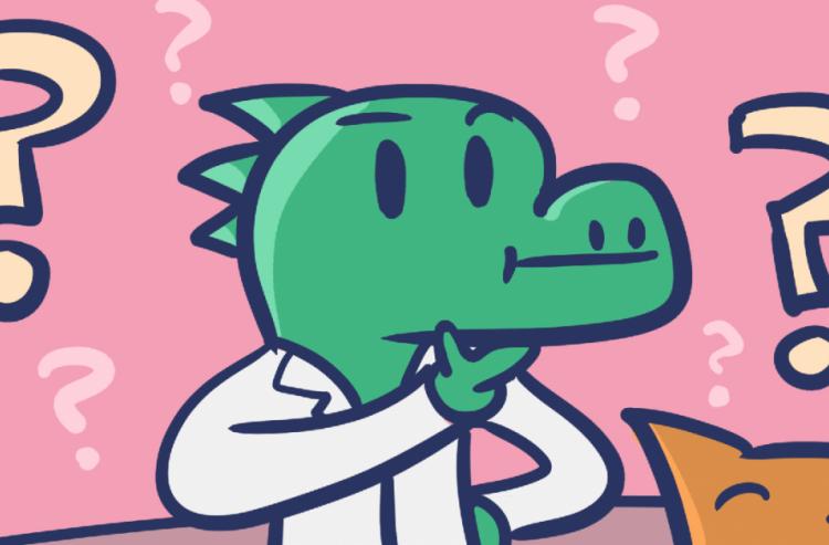 Cartoon of a dinosaur in a lab coat with question marks surrounding it over a pink background.
