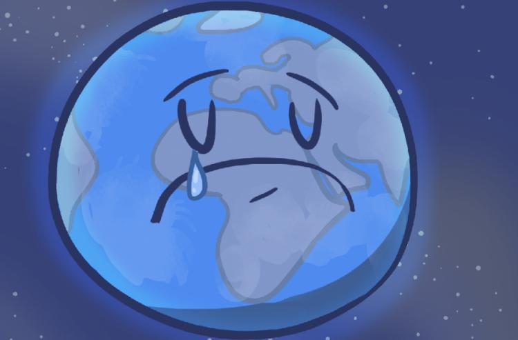 Un dessin animé d’un globe triste avec une larme. 