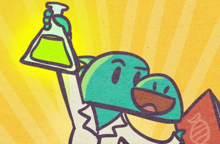 A cartoon of a dinosaur scientist jumping for joy while holding a full beaker and a science book.