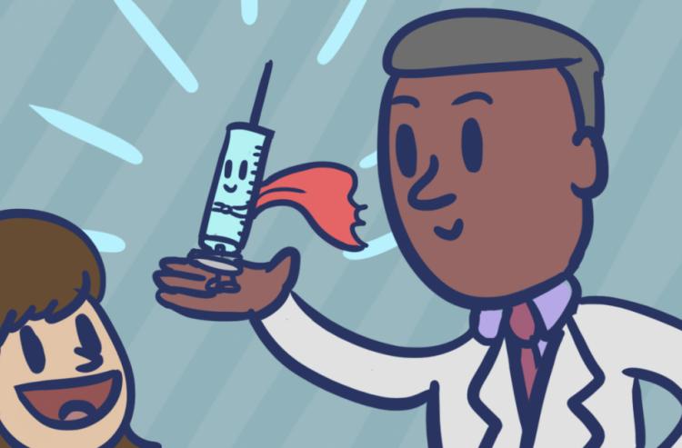 A cartoon of a Black doctor holding a needle that is wearing a superhero cape towards a smiling child.