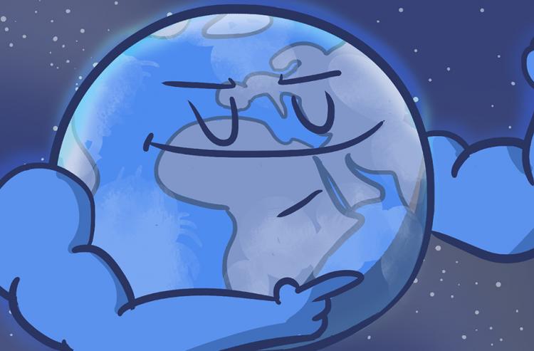 A cartoon of a globe flexing and pointing to its arm muscles.