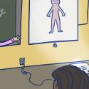 A cartoon of a teacher at the front of a classroom with the human body being projected onto a screen.