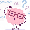 Un dessin animé d’un cerveau avec les mots : qui, quoi, quand, comment et pourquoi l’entoure.