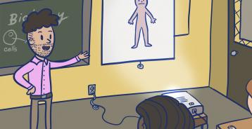 A cartoon of a teacher at the front of a classroom with the human body being projected onto a screen.