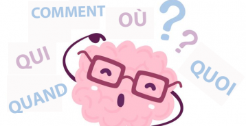 Un dessin animé d’un cerveau avec les mots : qui, quoi, quand, comment et pourquoi l’entoure.
