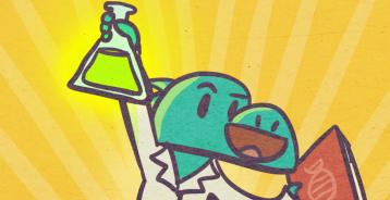 A cartoon of a dinosaur scientist jumping for joy while holding a full beaker and a science book.
