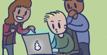 A cartoon of three youths, representing a range of races, genders and abilities, looking intrigued by the content being displayed on a laptop.