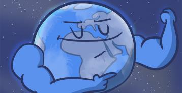 A cartoon of a globe flexing and pointing to its arm muscles.