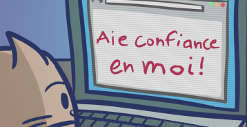 Un animal de dessin animé qui semble perplexe devant un écran d’ordinateur avec « CROYEZ-MOI! » écrit sur l’écran.